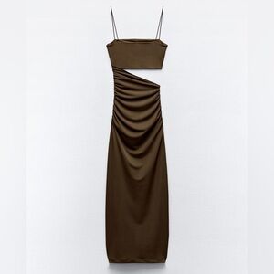 Zara Brown Asymmetrical Ruched Slip Dress